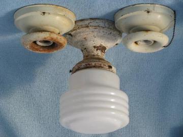 catalog photo of vintage ceiling light fixtures for bare electric bulbs & milk glass industrial shades