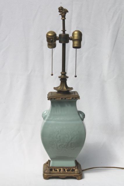 photo of vintage celadon green glaze oriental pottery table lamp w/ brass base & fu dog finial #1