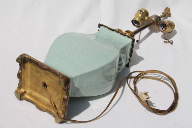 photo of vintage celadon green glaze oriental pottery table lamp w/ brass base & fu dog finial #2