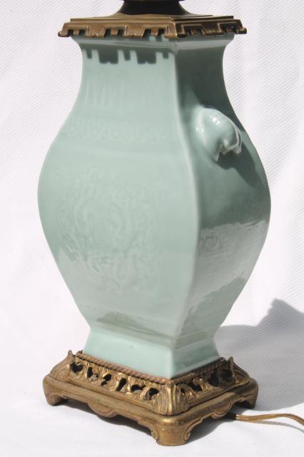 photo of vintage celadon green glaze oriental pottery table lamp w/ brass base & fu dog finial #3