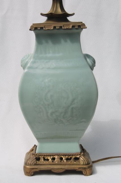 photo of vintage celadon green glaze oriental pottery table lamp w/ brass base & fu dog finial #6