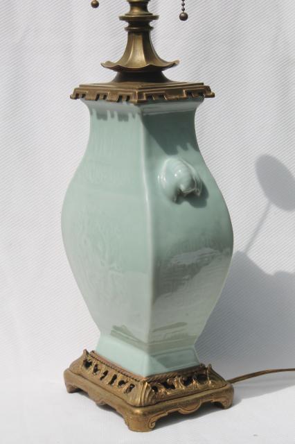 photo of vintage celadon green glaze oriental pottery table lamp w/ brass base & fu dog finial #9