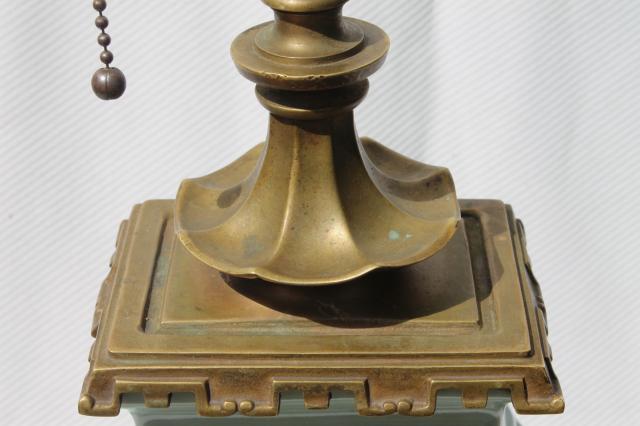 photo of vintage celadon green glaze oriental pottery table lamp w/ brass base & fu dog finial #11