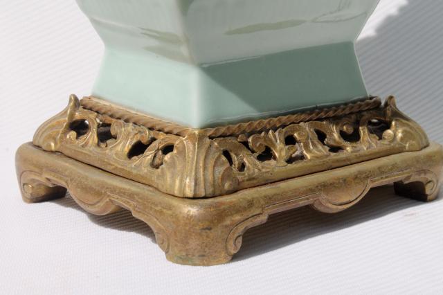 photo of vintage celadon green glaze oriental pottery table lamp w/ brass base & fu dog finial #13