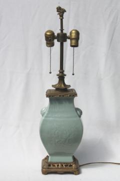 catalog photo of vintage celadon green glaze oriental pottery table lamp w/ brass base & fu dog finial