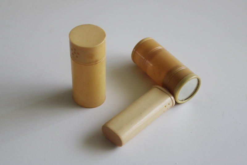 photo of vintage celluloid cosmetic containers, powder shakers for travel vanity set  #1