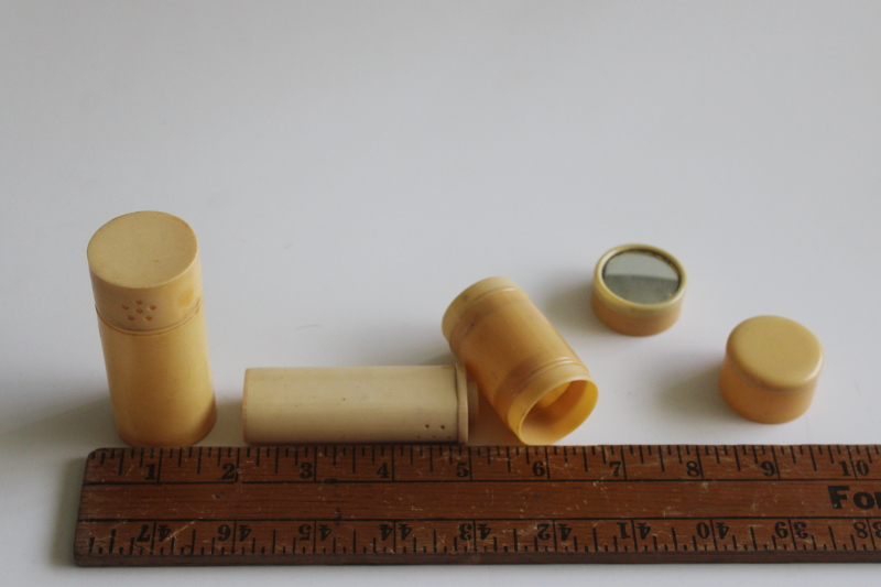 photo of vintage celluloid cosmetic containers, powder shakers for travel vanity set  #2