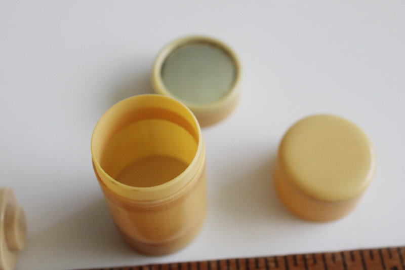 photo of vintage celluloid cosmetic containers, powder shakers for travel vanity set  #3