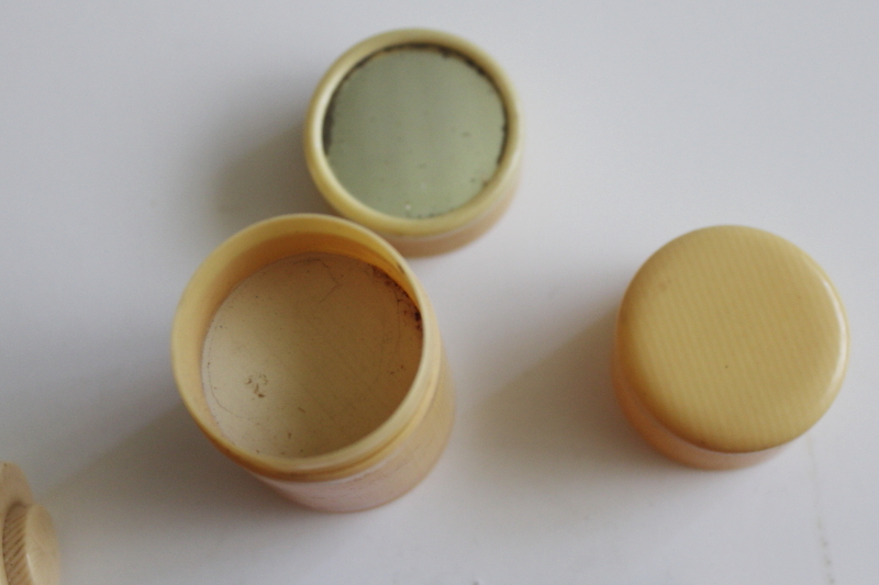 photo of vintage celluloid cosmetic containers, powder shakers for travel vanity set  #4