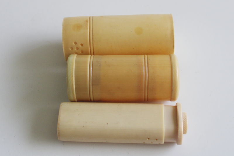 photo of vintage celluloid cosmetic containers, powder shakers for travel vanity set  #6