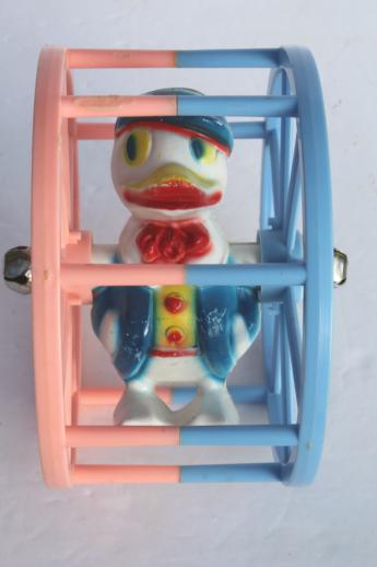 photo of vintage celluloid plastic baby toy, sailor duck spinner wheel rolling push toy #2