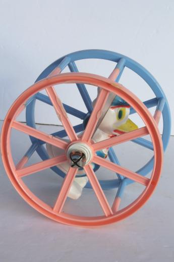 photo of vintage celluloid plastic baby toy, sailor duck spinner wheel rolling push toy #3