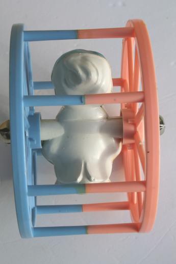 photo of vintage celluloid plastic baby toy, sailor duck spinner wheel rolling push toy #5