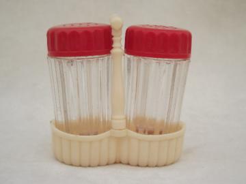 catalog photo of vintage celluloid salt & pepper shakers, tiny S&P set early plastic ivory & red