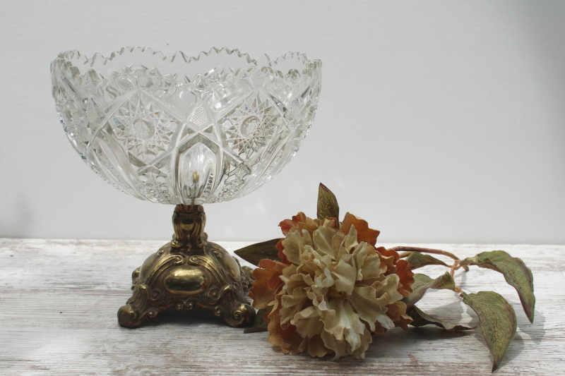 photo of vintage centerpiece crystal clear pressed glass bowl w/ ornate gold metal stand, florentine style  #1