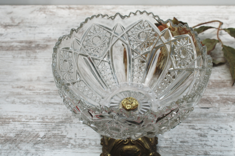 photo of vintage centerpiece crystal clear pressed glass bowl w/ ornate gold metal stand, florentine style  #2