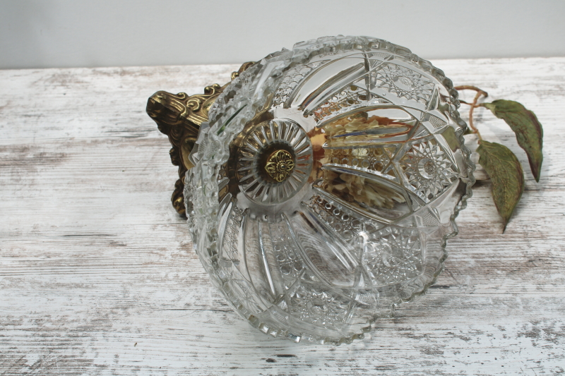 photo of vintage centerpiece crystal clear pressed glass bowl w/ ornate gold metal stand, florentine style  #3