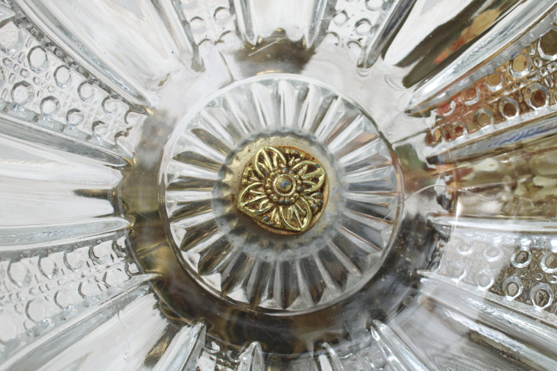 photo of vintage centerpiece crystal clear pressed glass bowl w/ ornate gold metal stand, florentine style  #4