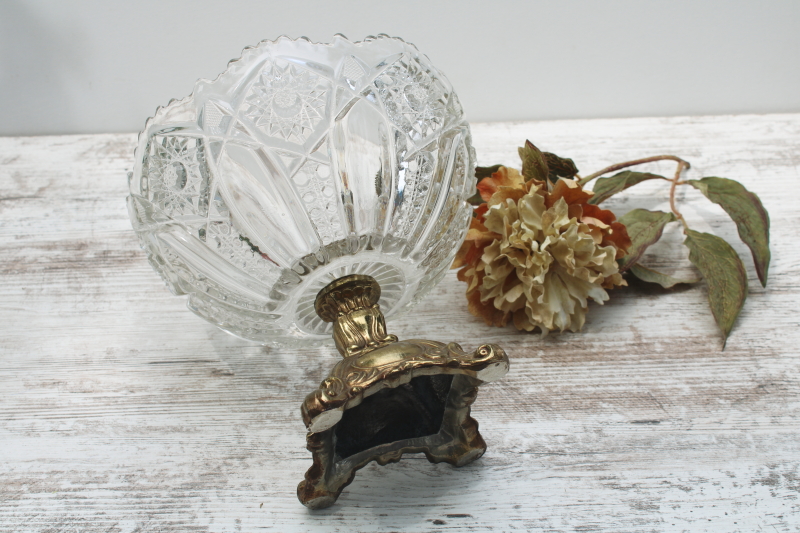 photo of vintage centerpiece crystal clear pressed glass bowl w/ ornate gold metal stand, florentine style  #5