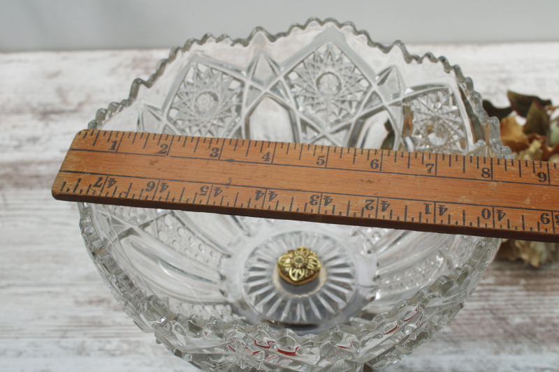 photo of vintage centerpiece crystal clear pressed glass bowl w/ ornate gold metal stand, florentine style  #7