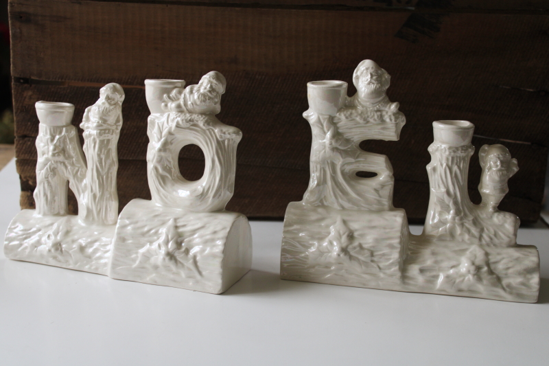 photo of vintage ceramic NOEL letters Christmas candle holders with gnomes or elves, all white luster #1