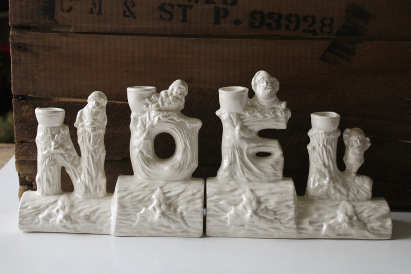 photo of vintage ceramic NOEL letters Christmas candle holders with gnomes or elves, all white luster  #2