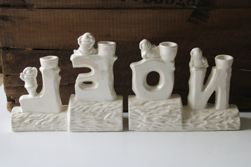 photo of vintage ceramic NOEL letters Christmas candle holders with gnomes or elves, all white luster  #3