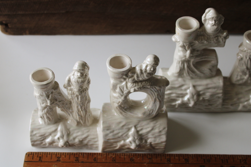 photo of vintage ceramic NOEL letters Christmas candle holders with gnomes or elves, all white luster  #4
