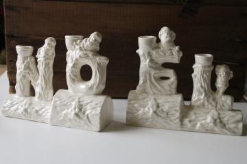 vintage ceramic NOEL letters Christmas candle holders with gnomes or elves, all white luster 