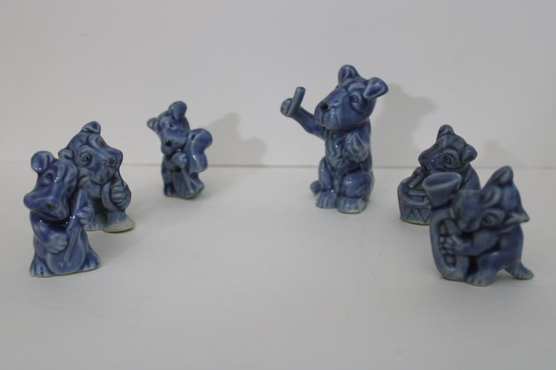 photo of vintage ceramic Scotties, small figurines dogs jazz band, blue glaze Wade whimsy s #1