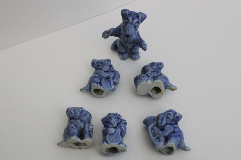 photo of vintage ceramic Scotties, small figurines dogs jazz band, blue glaze Wade whimsy s #2