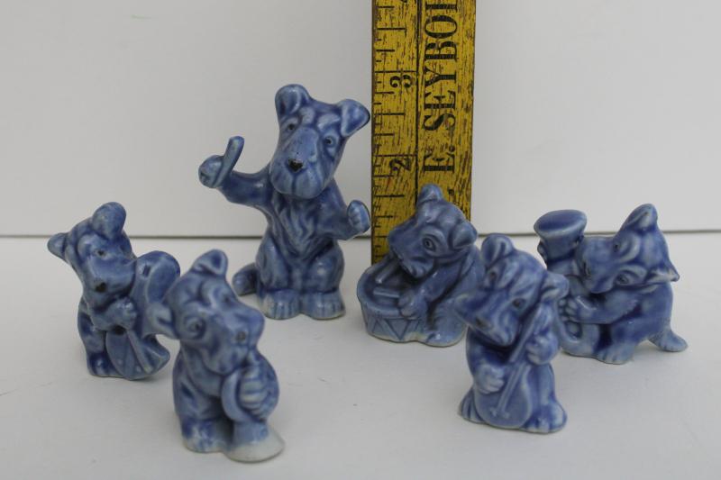 photo of vintage ceramic Scotties, small figurines dogs jazz band, blue glaze Wade whimsy s #5