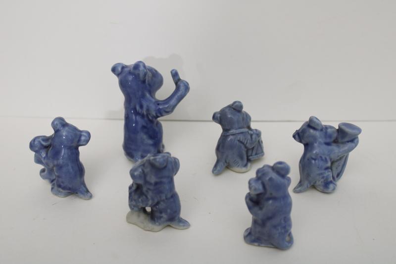 photo of vintage ceramic Scotties, small figurines dogs jazz band, blue glaze Wade whimsy s #6