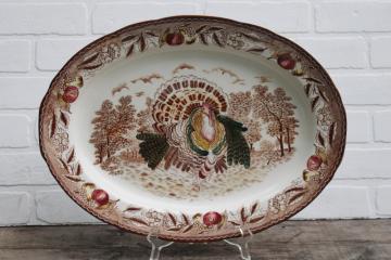 catalog photo of vintage ceramic Thanksgiving turkey platter, multicolored print transferware china made in Japan 