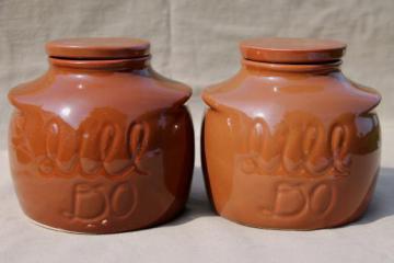 catalog photo of vintage ceramic bean pots or kitchen crock jars, It'll Do canisters