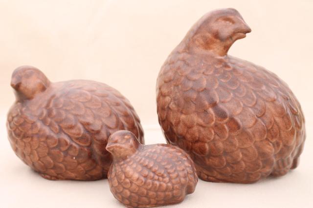 photo of vintage ceramic birds, family of quail figurines in simple rustic modern brown glaze #4