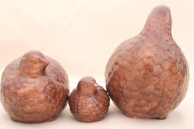 photo of vintage ceramic birds, family of quail figurines in simple rustic modern brown glaze #9