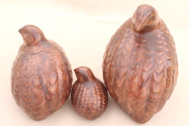 photo of vintage ceramic birds, family of quail figurines in simple rustic modern brown glaze #11