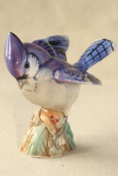 catalog photo of vintage ceramic blue jay bird figurine, signed Will George art pottery