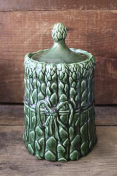 catalog photo of vintage ceramic canister jar, french country kitchen majolica style bunch of asparagus