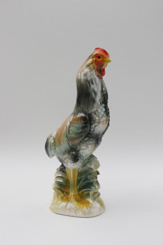 photo of vintage ceramic chicken, tall young rooster figurine, country carnival prize #1