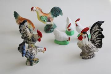 catalog photo of vintage ceramic chickens, lot of roosters & hens S&P shakers, figurines hand painted Japan
