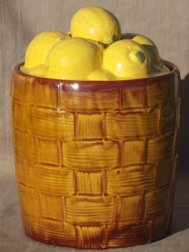 photo of vintage ceramic cookie canister jar, large brown barrel of yellow lemons #1