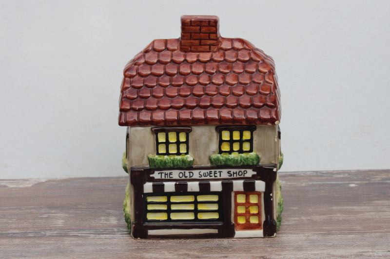 photo of vintage ceramic cookie jar, English cottage The Old Sweet Shop bakery #1