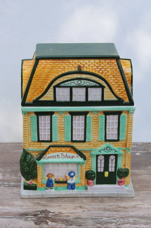 photo of vintage ceramic cookie jar, Victorian house mansard roof Sweet Shop bakery #1