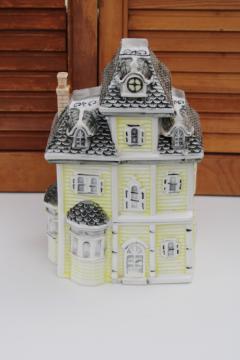 catalog photo of vintage ceramic cookie jar, stately Victorian home or haunted house