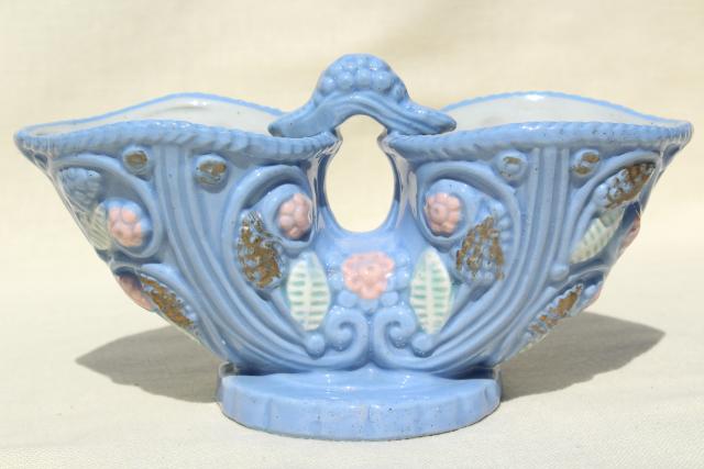 photo of vintage ceramic double pocket tulip vase, Miyata Ware Japan sky tone blue #1