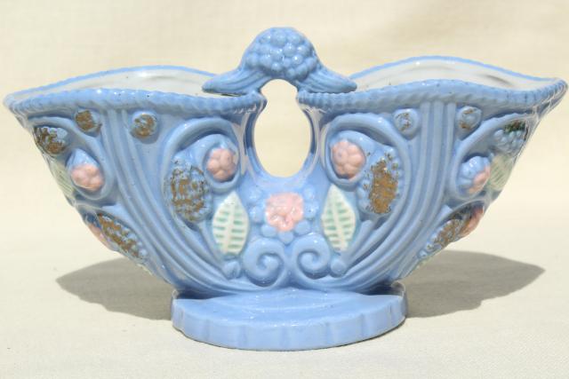 photo of vintage ceramic double pocket tulip vase, Miyata Ware Japan sky tone blue #3