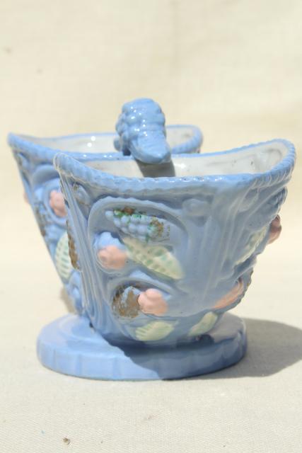 photo of vintage ceramic double pocket tulip vase, Miyata Ware Japan sky tone blue #4