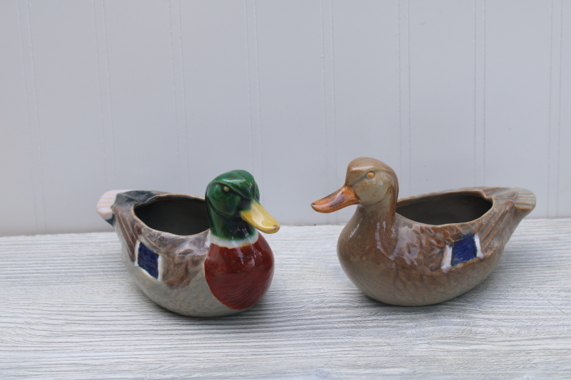 photo of vintage ceramic ducks pair of ashtrays mallard drake and hen, mid century USA pottery, Rosemeade #1